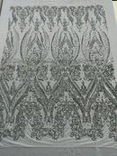 Silver Sequins Fabric on White Mesh, Damask Design 4 Way Stretch Sequin Fabric Sold By The Yard