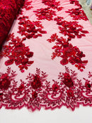 Burgundy 3D Floral Design Embroider and Beaded With Pearls On a Mesh Lace-Prom-Dresses By The Yard
