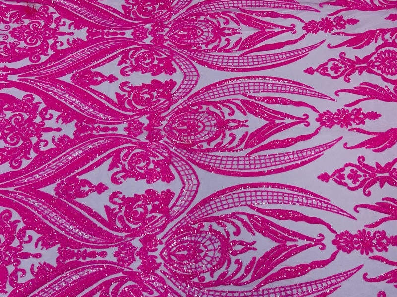 Hot Pink Sequins Fabric on Mesh, Damask Design 4 Way Stretch Sequin Fabric Sold By The Yard