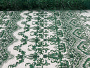 Hunter Green Damask Design Beaded Fabric, Embroidered with Beads Wedding Bridal Sold By Yard