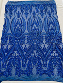 Royal Blue Sequins Fabric on Mesh, Damask Design 4 Way Stretch Sequin Fabric Sold By The Yard