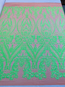 12 Yards Neón Green Sequins Fabric on DK Nude Mesh, Damask Design 4Way Stretch Sequin