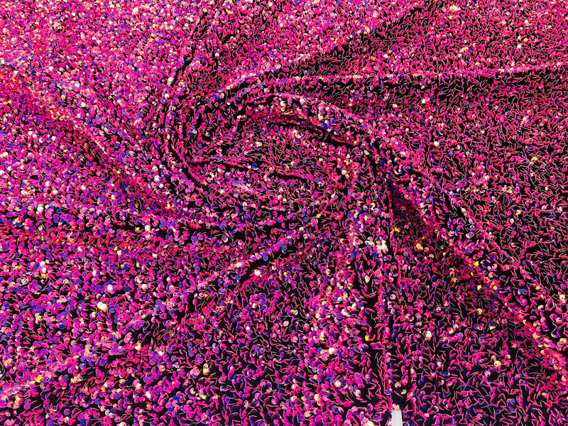 Fuchsia/Lilac Sequins Fabric on Black Stretch Velvet - By The Yard - all Over 5mm Sequins 58”/60