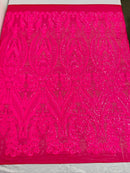 Hot Pink Sequins Fabrics on Mesh, Damask Design 4Way Stretch Sequin By The Yard