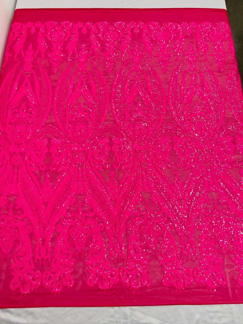 Hot Pink Sequins Fabrics on Mesh, Damask Design 4Way Stretch Sequin By The Yard