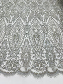 Beaded Fabric, Silver Damask Design Embroidered with Beads Wedding Bridal Sold By Yard