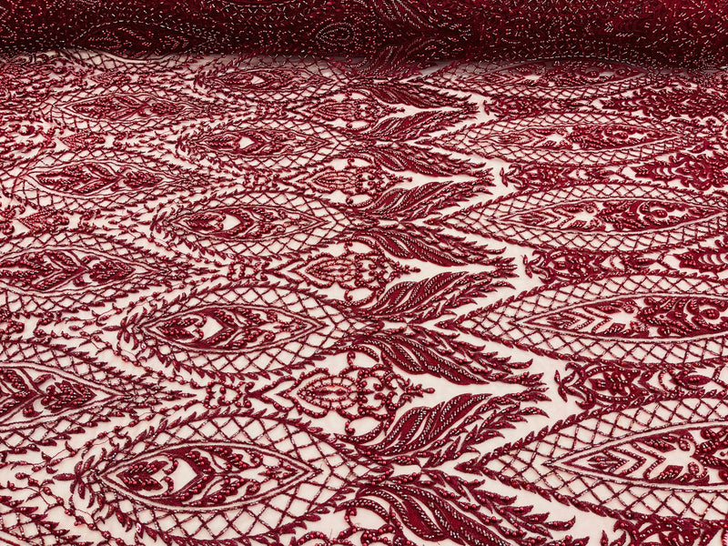 Beaded Fabric, Burgundy Damask Design Embroidered with Beads Wedding Bridal Sold By Yard