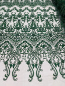 Hunter Green Damask Design Beaded Fabric, Embroidered with Beads Wedding Bridal Sold By Yard