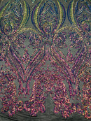 Rainbow Iridescent Sequins Fabric Damask Design 4 Way Stretch Sequin Fabric Sold By The Yard