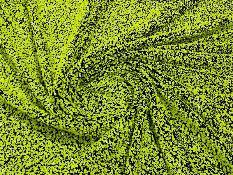 Lime Green Sequins Fabric on Black Stretch Velvet - By The Yard - all Over 5mm Sequins 58”/60