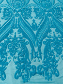Sequins Fabric - Turquoise - 4 Way Stretch Sequins Damask Fabric By Yard