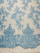 Baby Blue Floral Bridal Lace - By The Yard - Damask Design Embroidered on Mesh Lace Fabric