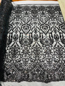 Black Sequin Fabric On a Mesh 4 Way Stretch, Sequins Fabric Damask Design By The Yard