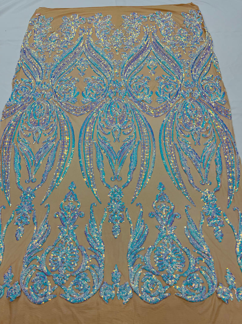 Aqua Iridescent Sequins Fabric Damask Design 4 Way Stretch Sequin Fabric Sold By The Yard