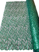 Fancy Leaf Pattern with Beads - Hunter Green - Embroidered Leaves Design on Mesh Sold By The Yard