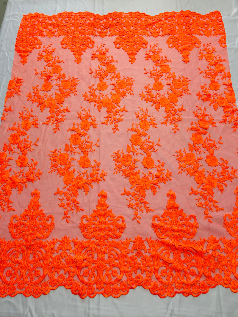 Neón Orange Floral Bridal Lace - By The Yard - Damask Design Embroidered on Mesh Lace Fabric