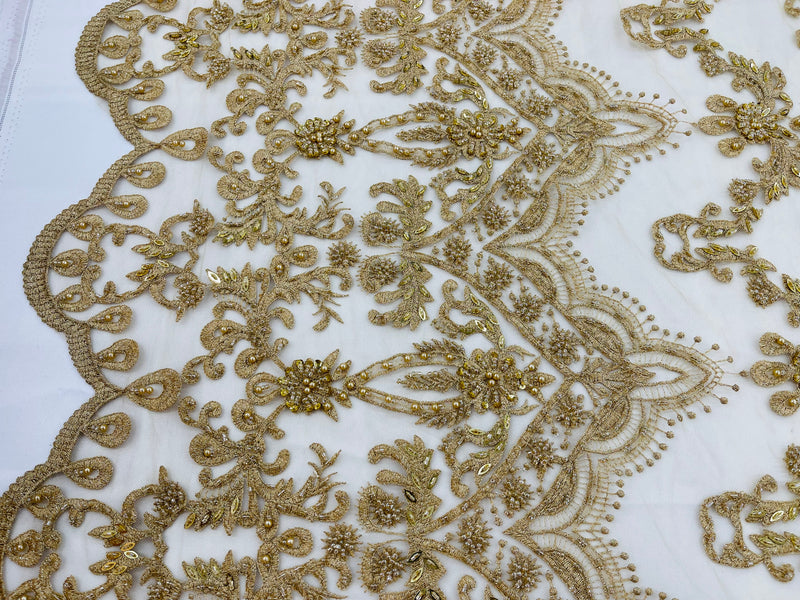 Gold Damask Design Beaded Fabric, Embroidered with Beads Wedding Bridal Sold By Yard