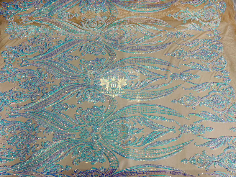 Aqua Iridescent Sequins Fabric on Light Nude Mesh - by the yard - Damask Design 4 Way Stretch Sequin Fabric