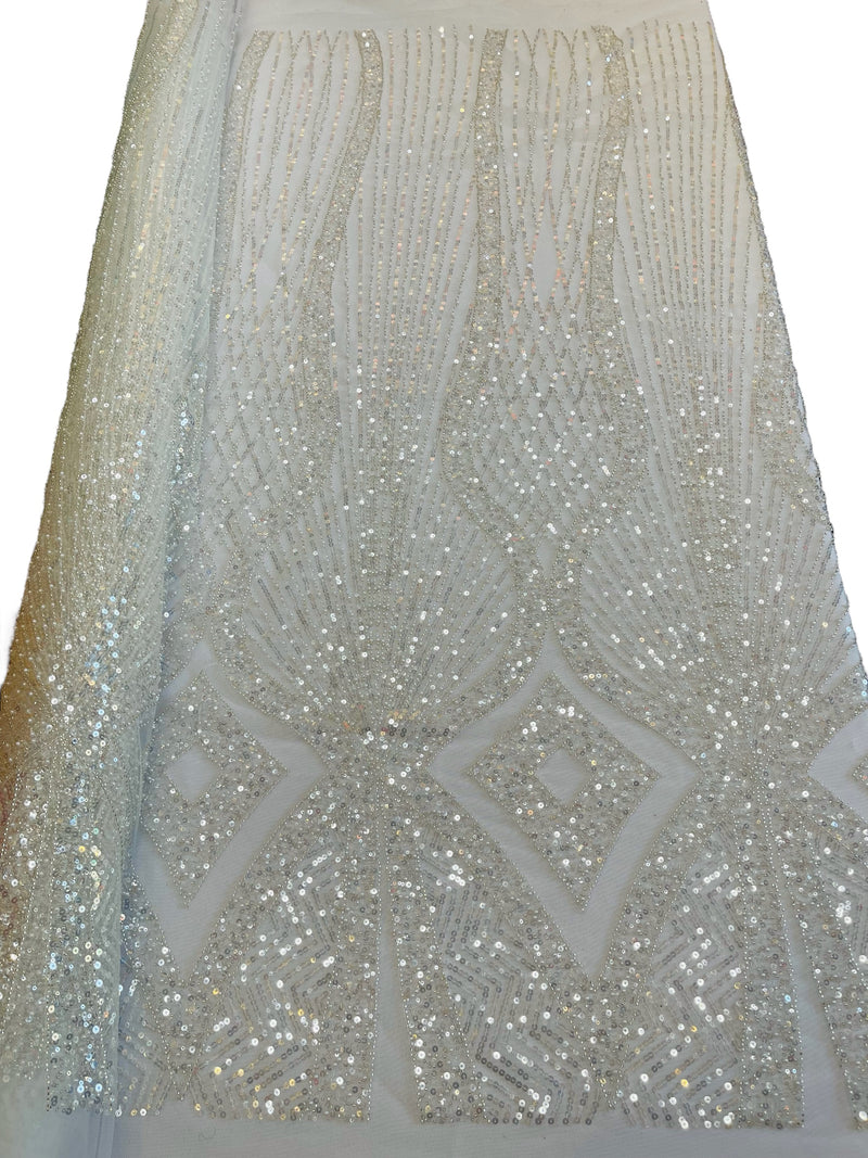 Zig Zag Lines Diamond Shape Fabric - Ivory - Embroidered Glamorous Design on Mesh Sold By The Yard