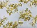 Gold/Yellow 3D Floral Design Embroider and Beaded With Pearls On a Mesh Lace-Prom-Dresses By The Yard