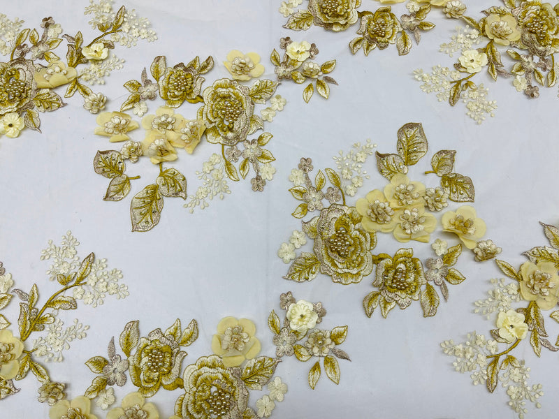 Gold/Yellow 3D Floral Design Embroider and Beaded With Pearls On a Mesh Lace-Prom-Dresses By The Yard