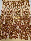 Orange Iridescent Sequin Fabric on Nude Mesh 4 Way Stretch Sequins Fabric Sold By The Yard