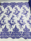 Lilac Bridal Lace - By The Yard - Floral Damask Design Embroidered on Mesh Lace Fabric