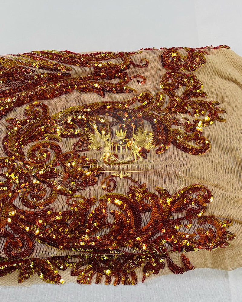 Orange Iridescent Sequin Fabric on Nude Mesh 4 Way Stretch Sequins Fabric Sold By The Yard