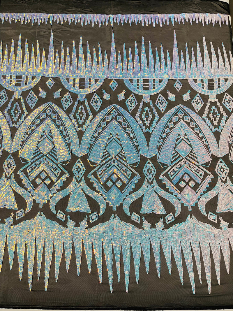 Aqua/Blue Iridescent Sequin Fabric, by the yard - Black Mesh 4 Way Stretch Aztec Design