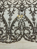 Khaki Sequin Fabric On Nude Mesh 4 Way Stretch, Sequins Fabric Damask Design By The Yard