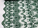 Hunter Green Damask Design Beaded Fabric, Embroidered with Beads Wedding Bridal Sold By Yard