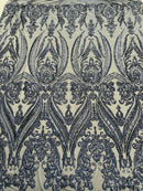 Navy Blue Sequins Fabric on Mesh, Damask Design 4 Way Stretch Sequin Fabric Sold By The Yard