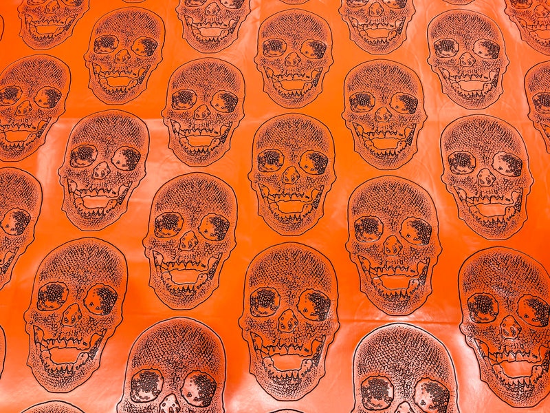 Big Skull Vinyl Fabric - Orange - Skull Print Vinyl Fabric, Upholstery, Faux Leather 54” Sold By Yard