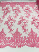 Pink Bridal Lace - By The Yard - Floral Damask Design Embroidered on Mesh Lace Fabric