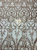 Matte Gold Sequin Fabric On a Mesh 4 Way Stretch, Sequins Fabric Damask Design By The Yard