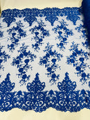 Royal Blue Bridal Lace - By The Yard - Floral Damask Design Embroidered on Mesh Lace Fabric