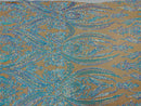 Aqua Iridescent Sequins Fabric Damask Design 4 Way Stretch Sequin Fabric Sold By The Yard