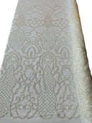 Fashion Design Bead Damask Fabric - Off-White - Embroidered Elegant Design on Mesh Sold By The Yard