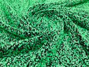 Green Sequins Fabric on Black Stretch Velvet - By The Yard - all Over 5mm Sequins 58”/60