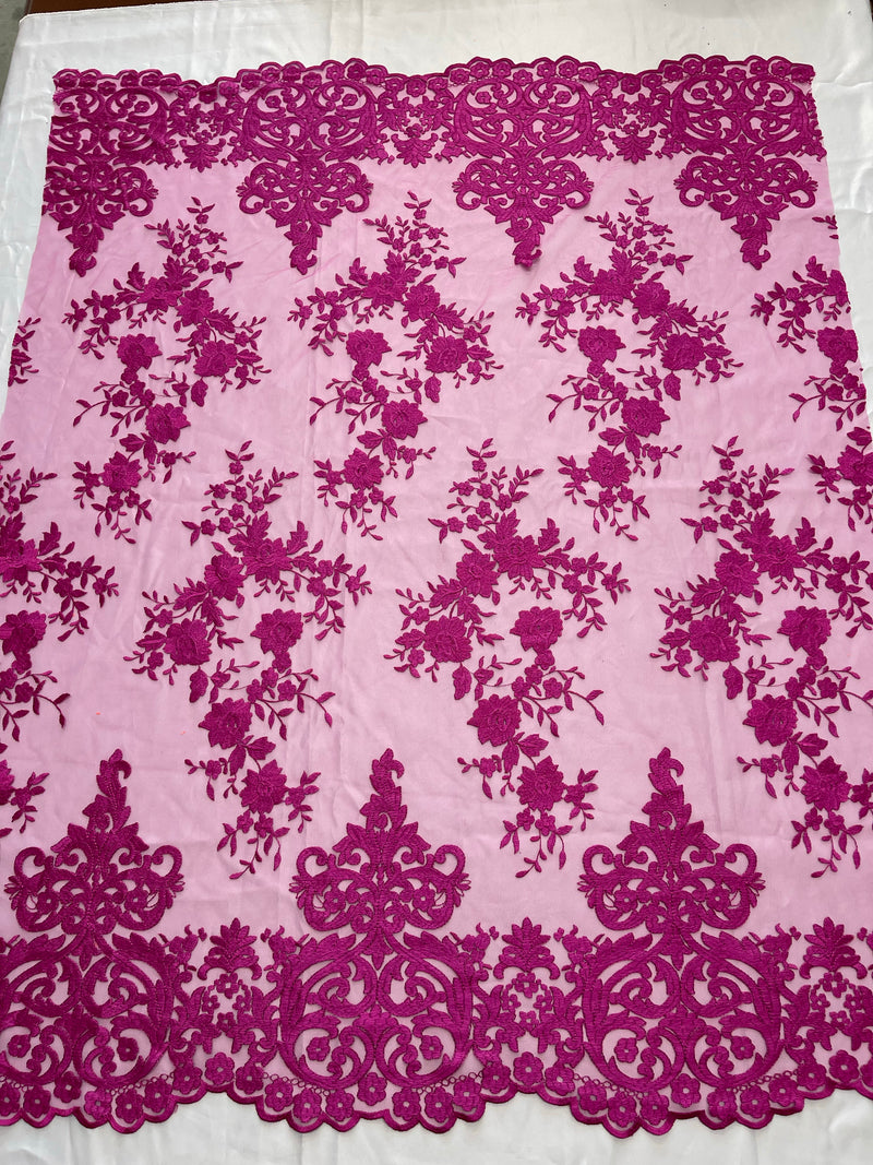 Magenta Floral Bridal Lace - By The Yard - Damask Design Embroidered on Mesh Lace Fabric