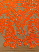 Damask Royalty Design - Orange on DK Nude Mesh - 4 Way Stretch Sequins Fabrics By The Yard