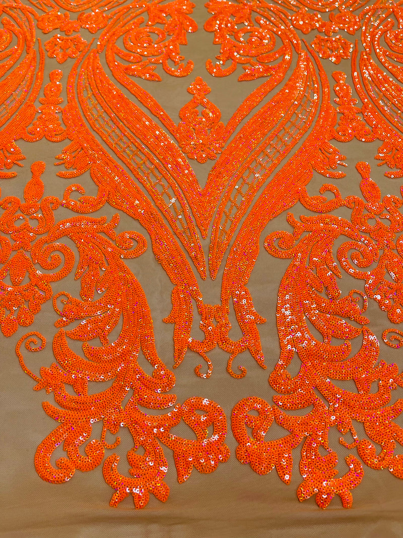 Damask Royalty Design - Orange on DK Nude Mesh - 4 Way Stretch Sequins Fabrics By The Yard