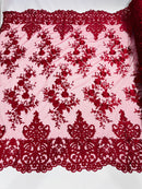 Burgundy Bridal Lace - By The Yard - Floral Damask Design Embroidered on Mesh Lace Fabric