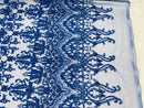 Royal Blue Damask Design Beaded Fabric, Embroidered with Beads Wedding Bridal Sold By Yard