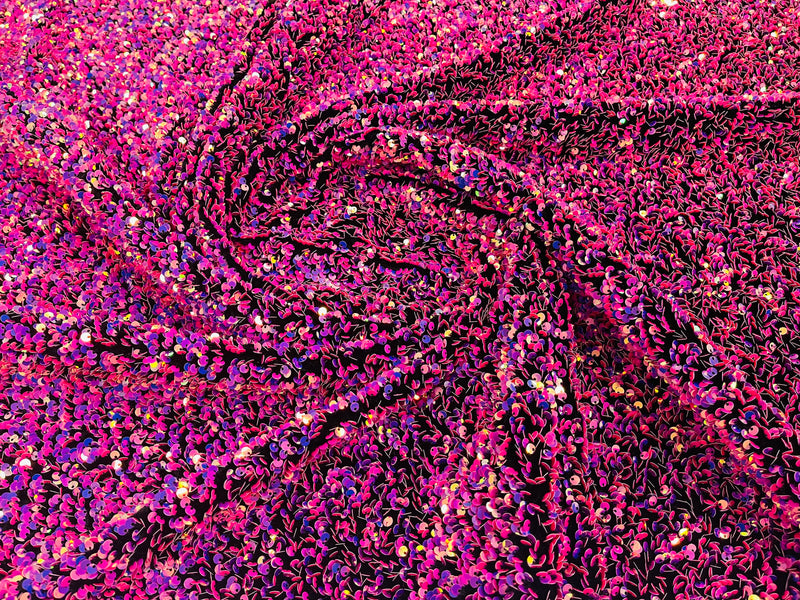 Fuchsia/Lilac Sequins Fabric on Black Stretch Velvet - By The Yard - all Over 5mm Sequins 58”/60