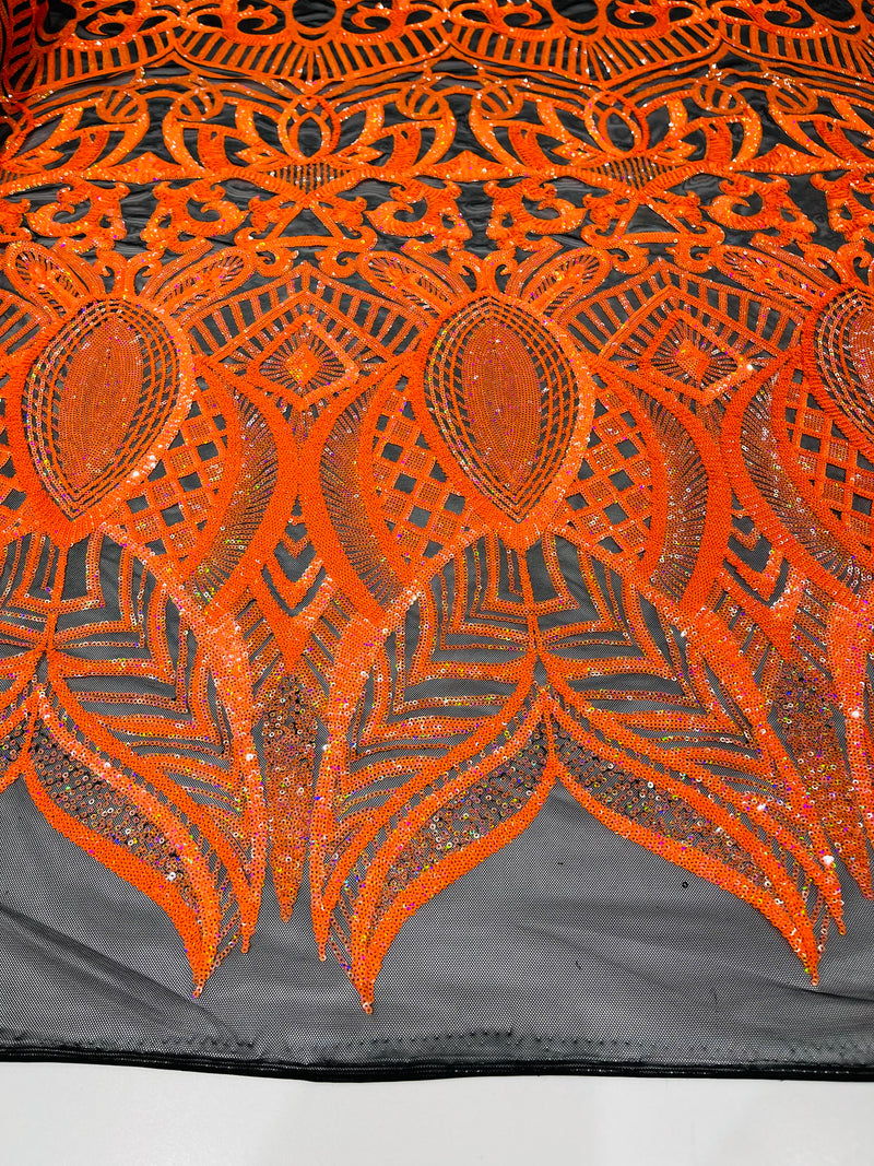 Orange Sequin Fabric On Black Mesh  4 Way Stretch Royalty Lace Sequin By Yard