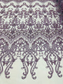 Lilac Damask Design Beaded Fabric, Embroidered with Beads Wedding Bridal Sold By Yard