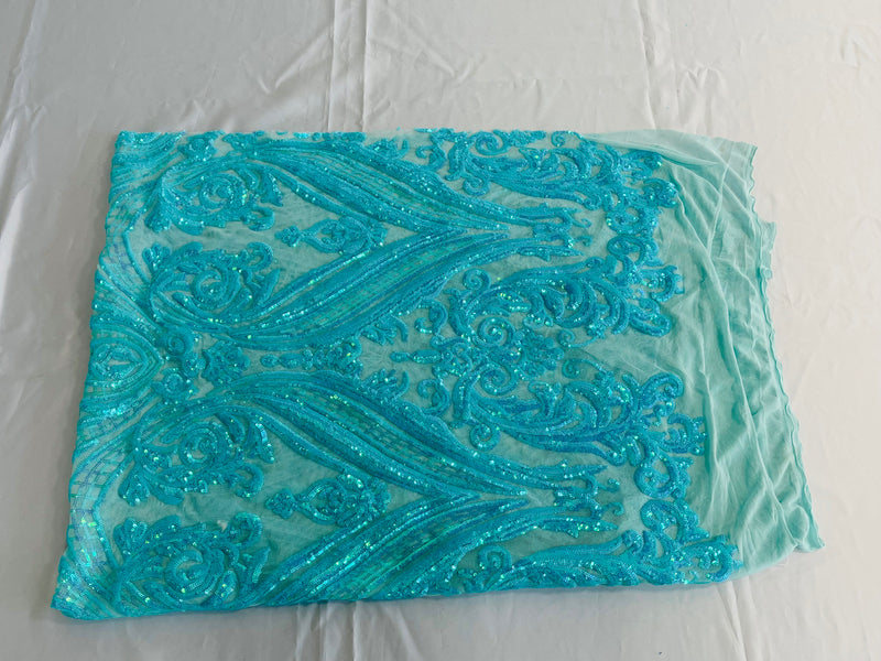 Mint Iridescent Sequins Fabric on a Mesh, Damask Design 4Way Stretch Sequin By The Yard