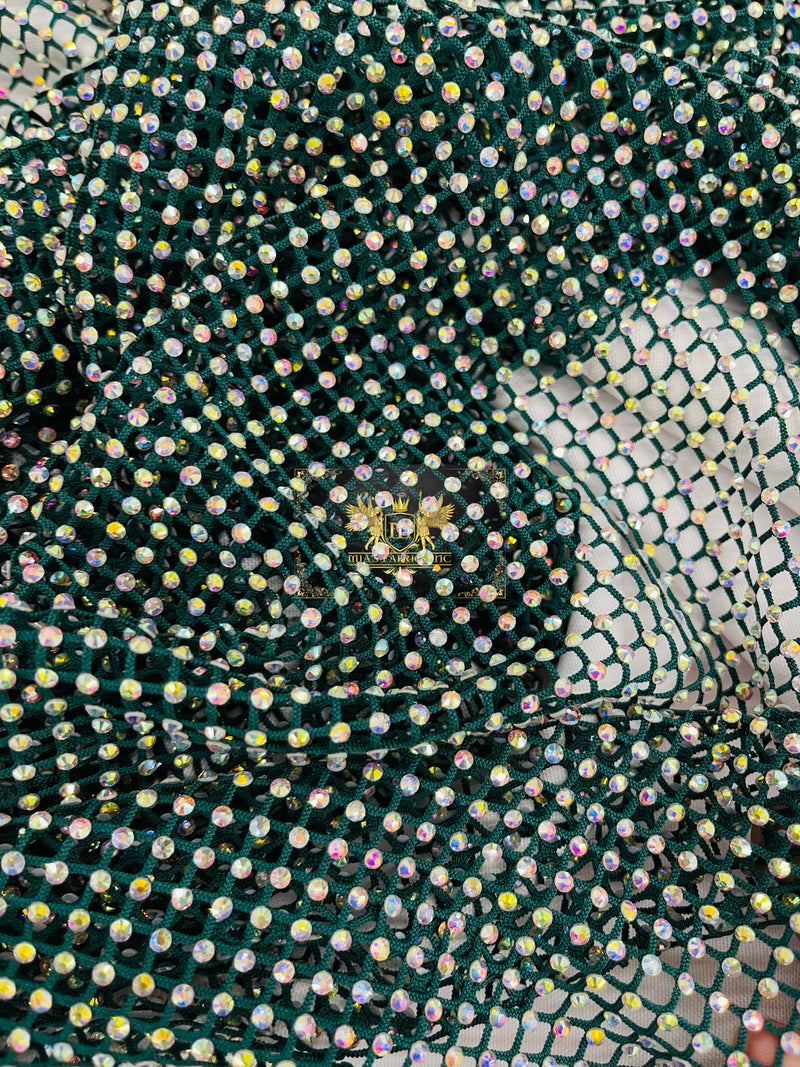 Fishnet Iridescent Rhinestones Fabric - Hunter Green - Spandex Fabric Fish Net with Crystal Stones by Yard