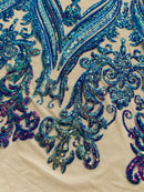 Lavender Iridescent Sequins Fabric on Nude Mesh, Damask Design 4Way Stretch Sequin By The Yard